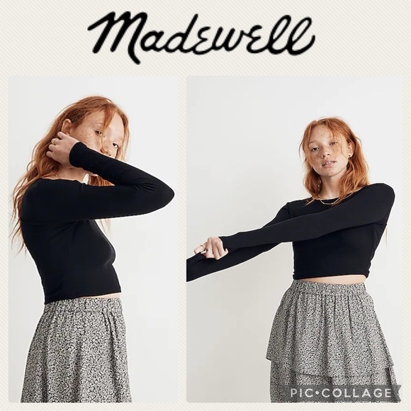 Madewell | Women's Fine Ribbed Supercrop Crewneck Long-Sleeve Tee - Black, Small - Picture 1 of 9